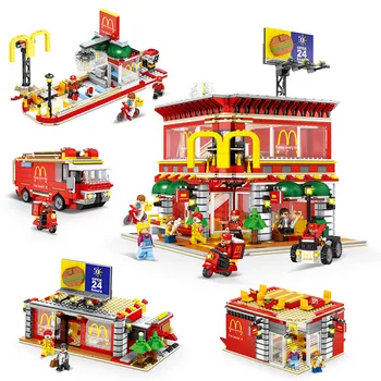 

City Street View Creator Architecture Building Blocks 4 in1 Led Restaurant House Car Truck Model Brick Assemblage Toys Kids
