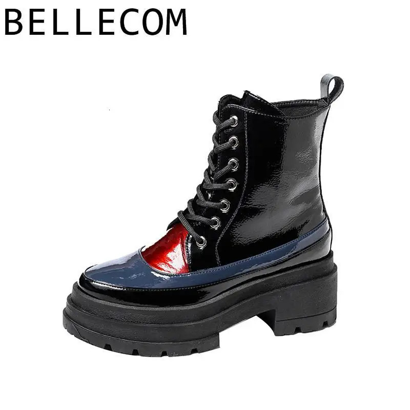 

BELLECOM2019 Leather Martin Boots Woman England Contrast And Bright Leather On The Bottom Of Sponge Cake High Help Shoe