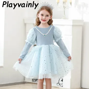 

Starry Sky Girl Party Dress Sequins Star Light Blue Long Sleeve Ball Gown for Wedding Princess Dress Children Clothes E7187