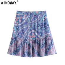Винтажная шикарная модная хиппи женская элегантная Цветочная пляжная богемная юбка с принтом павлина Женская одежда из вискозы хлопковые мини-юбки в стиле бохо