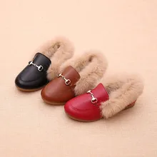 Crianças inverno sapatos de pele de couro do plutônio meninas britânico moda pelúcia único sapatos outono quente uma etapa veludo loafer plana xz109