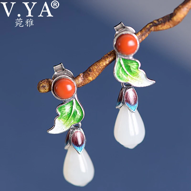 

V.YA 925 Sterling Silver Retro Flower Enameling Stud Earrings for Women Fashion Natural Stone Orchid Earrings Jewelry Brincos