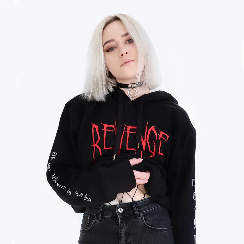  Merry Pretty Autumn Hoodies Sweatshirt Women Revenge Letter Printed Black Tracksuit Pocket Streetwe