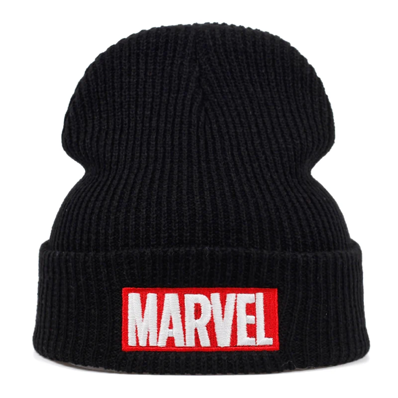 Высококачественные повседневные шапочки из хлопка с надписью Marvel для мужчин и женщин, модная вязанная зимняя шапка в стиле хип-хоп - Цвет: Черный