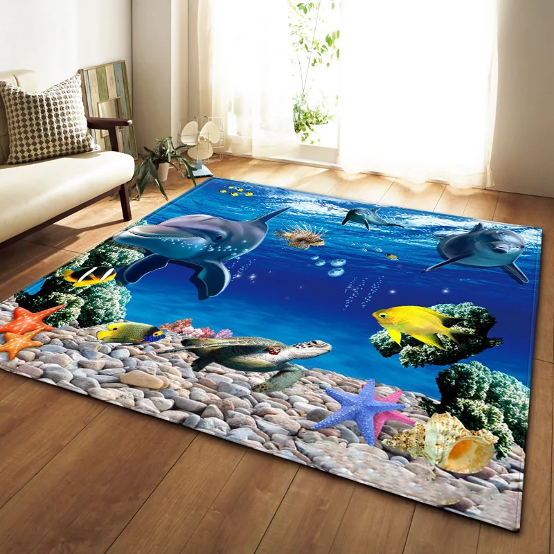Anti-slip Carpet Rug 3D Ocean Fish Animal Pattern Floor Mats Home Bedroom Decor 