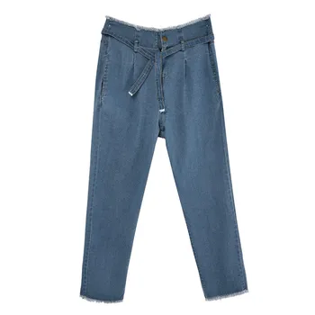 

Women Summer Pants 2019 new Stretch Hight Waisted Loose Bow Bandage Hole Jeans K107