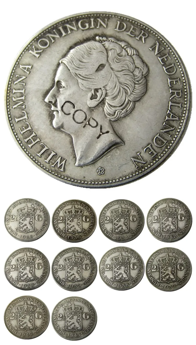 

Netherlands,A Set Of(1929-1943) 10pcs 2 1/2 Gulden Wilhelmina Silver Plated Copy Decorative Coin