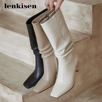 

Lenkisen fashion boots real leather pleated streetwear square toe high strange heel zipper beauty lady dress mid-calf boots L36