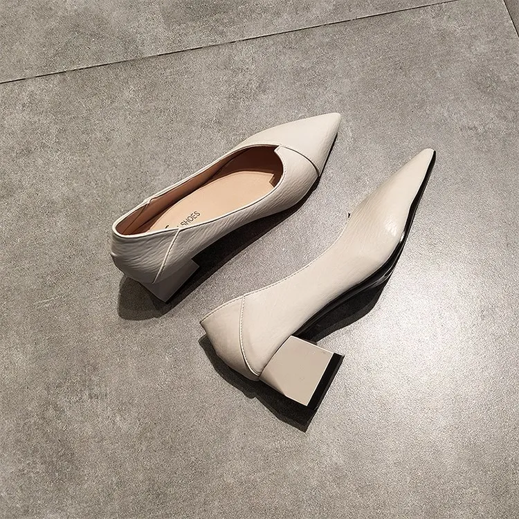 

EOEODOIT 2020 Spring Leather Pumps Med Square Heel Pointed Toe Shoes Slip On Daily Casual Office Lady Work Pumps Shoes 5 cm