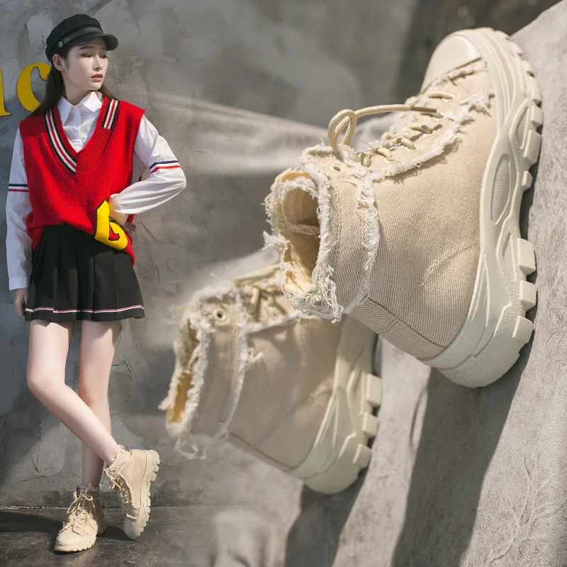 

2019 Autumn New Style Bang Lace-up Canvas Women's Casual Martin Boots Anti-slip Short Boots Korean-style round-Toe Flat Keel Thi