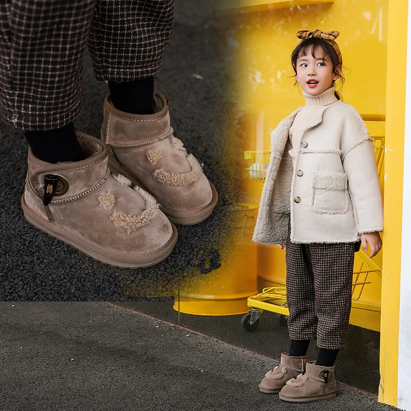 Зимние детские ботинки из натуральной кожи; теплая хлопковая обувь для малышей; Дикий Мягкий рукав с дном; короткие ботинки для мальчиков со смайликом