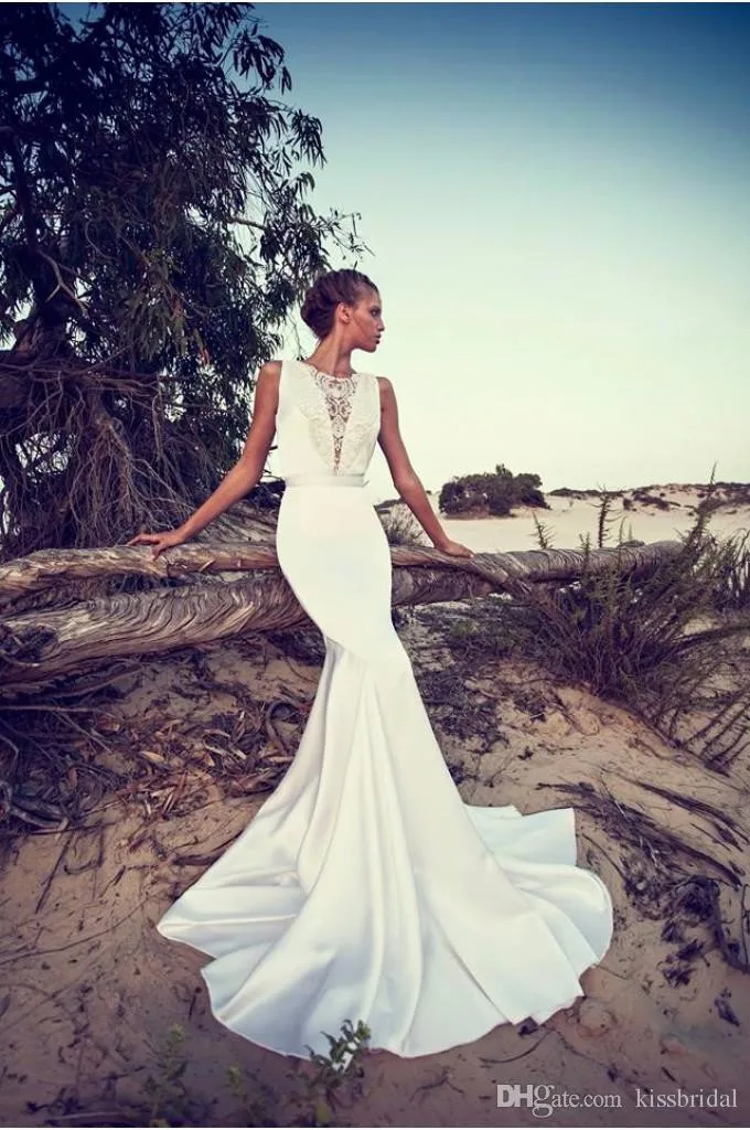 

2020 Liz Martinez Wedding Dresses Sexy Boho Lace Bateau Neck Backless Mermaid Satin Court Train Beach Bridal Gowns