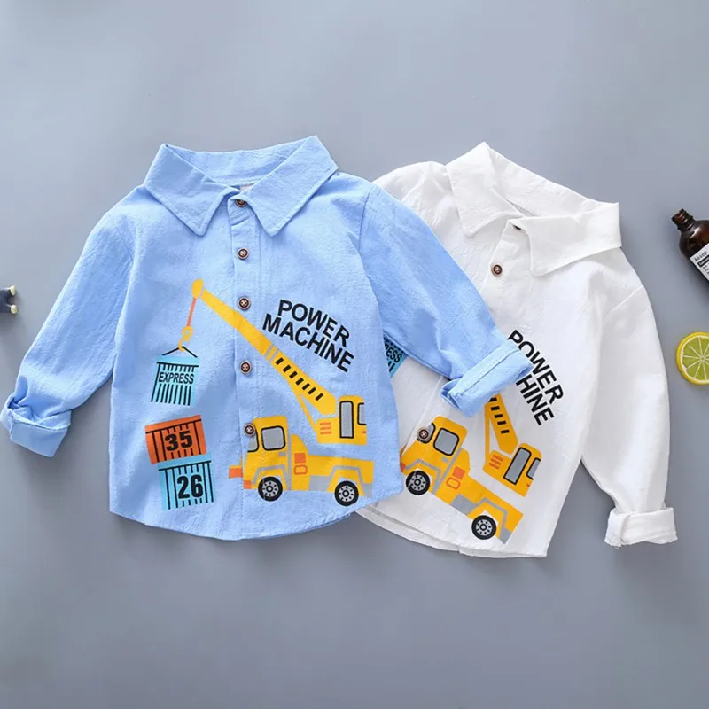 Spring Autumn Infant Baby Boys Cotton Long Sleeve Blouses Casual Cartoon Car Printing Lapel Solid Color Comfortable New Blouse |