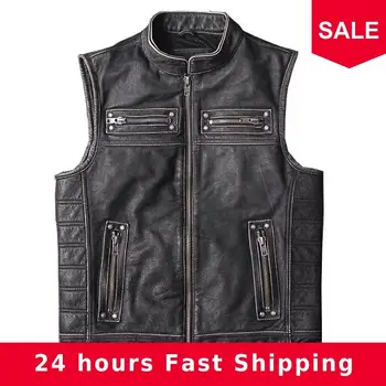 

2020 Vintage Black Men Motorcycle Leather Vest Plus Size 4XL Genuine Thick Cowhide Slim Fit Biker's Leather Vest
