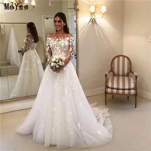 2020 Boho Beach Wedding Dresses Sheer Neck Long Sleeves Cover Button Back Lace Applique Vestido de noiva Bridal Gowns Custom