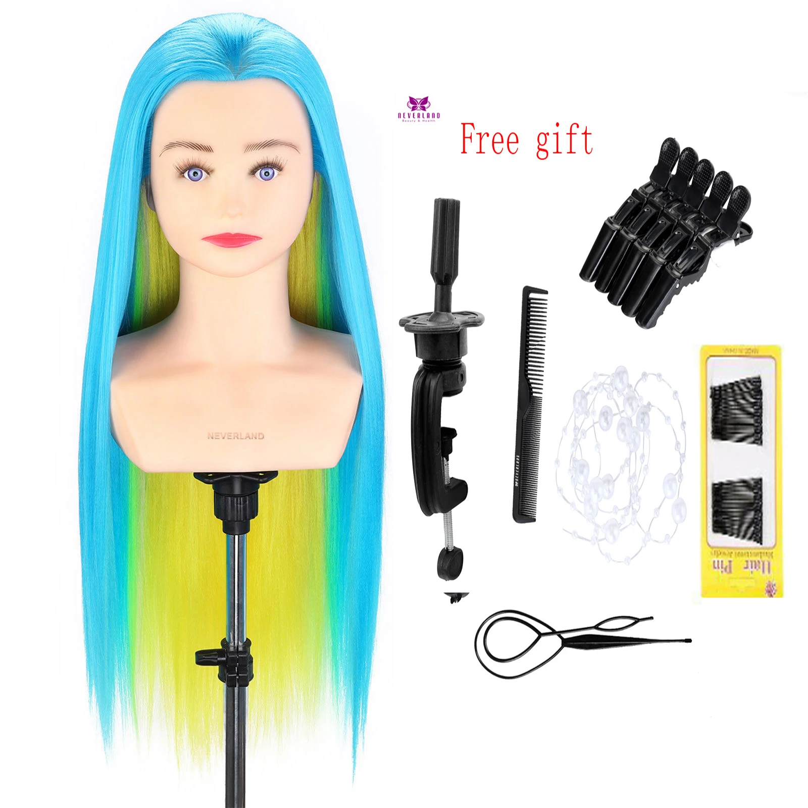 

Neverland 26''-28''Rainbow Blue Training Head With Shoulder For Practicing Hairdressing Styling Mannequin Doll+Free Gift
