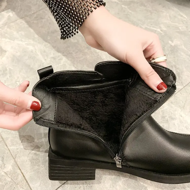 

Short Boots Flat PU Leather Martin Boots British Style WOMEN'S Shoes plus Velvet Block Heel Short Boots Europe And America Boots