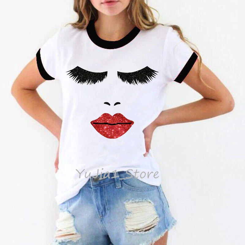 Vogue футболка Женская Плюс Размер губы наращивание ресниц печать футболка camiseta mujer ulzzang harajuku рубашка femme белая футболка Топы