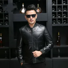 Кожаная мужская зимняя куртка-бомбер из натуральной овчины, бейсбольные куртки на утином пуху размера плюс, Jaqueta De Couro 18016 YY531