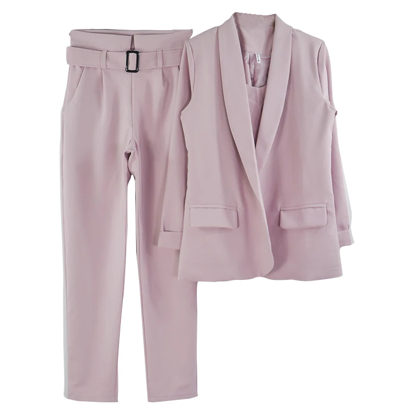 Taotrees Women's Solid Color Blazer Pant Suits Office Lady Jacket and Sling Tops and Trouser Workwear Three Piece Sets - Цвет: Pink