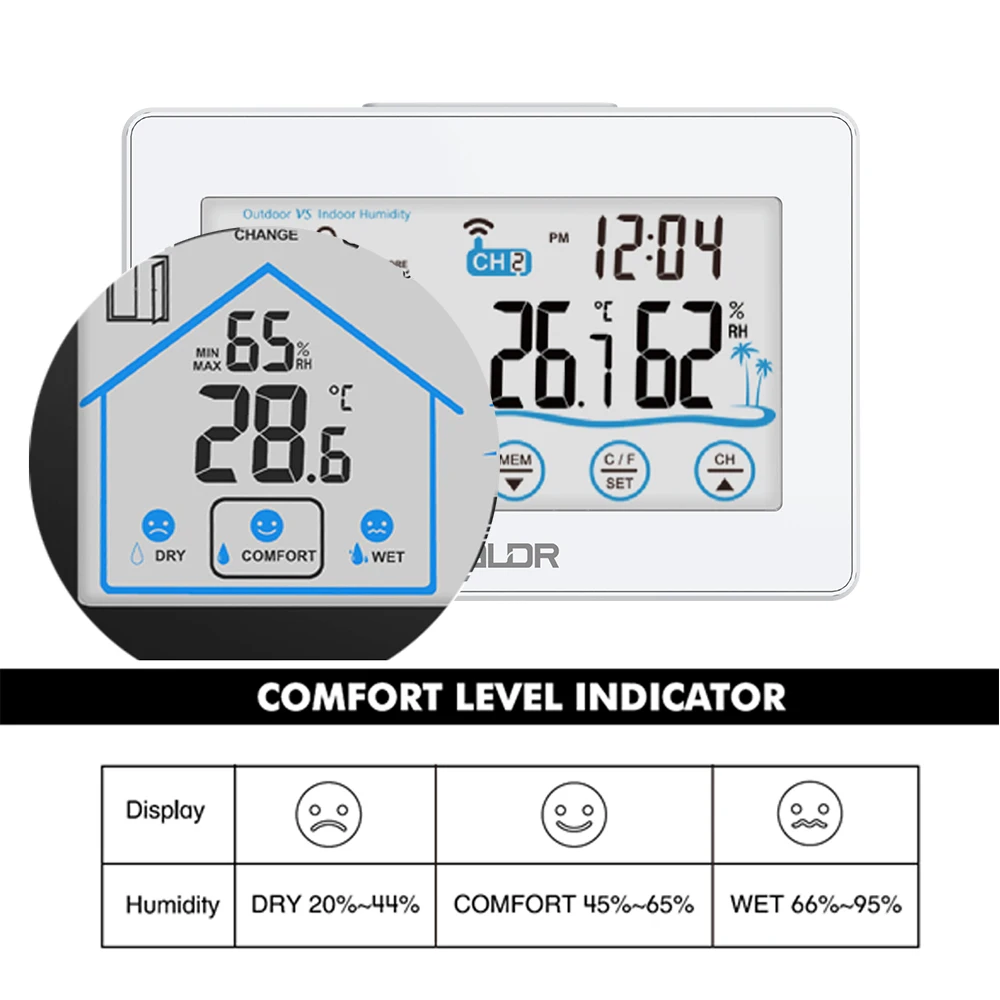 Goedkoop Baldr Draadloze Digitale Weerstation Touch Thermometer Sensor Temperatuur vochtigheidsmeter Hygrometer Wandklok