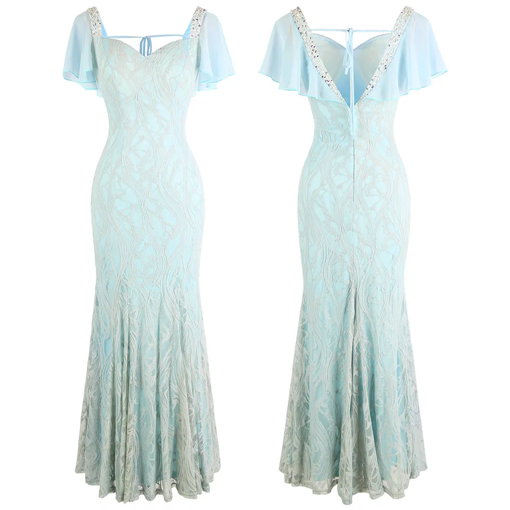 Light Blue Angel-fashions queen Anne Бисероплетение Цветочные Кружева Лепесток шифон рукава Bodycon макси элегантное вечернее платье светильник синий 462 - Цвет: Light Blue