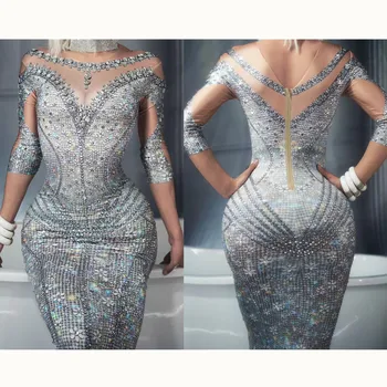 

Sexy Crystals Rhinestones Women Prom party Long Dress Stretch Mermaid Dress Ladies Silver Floor Length Club Stage Dresses