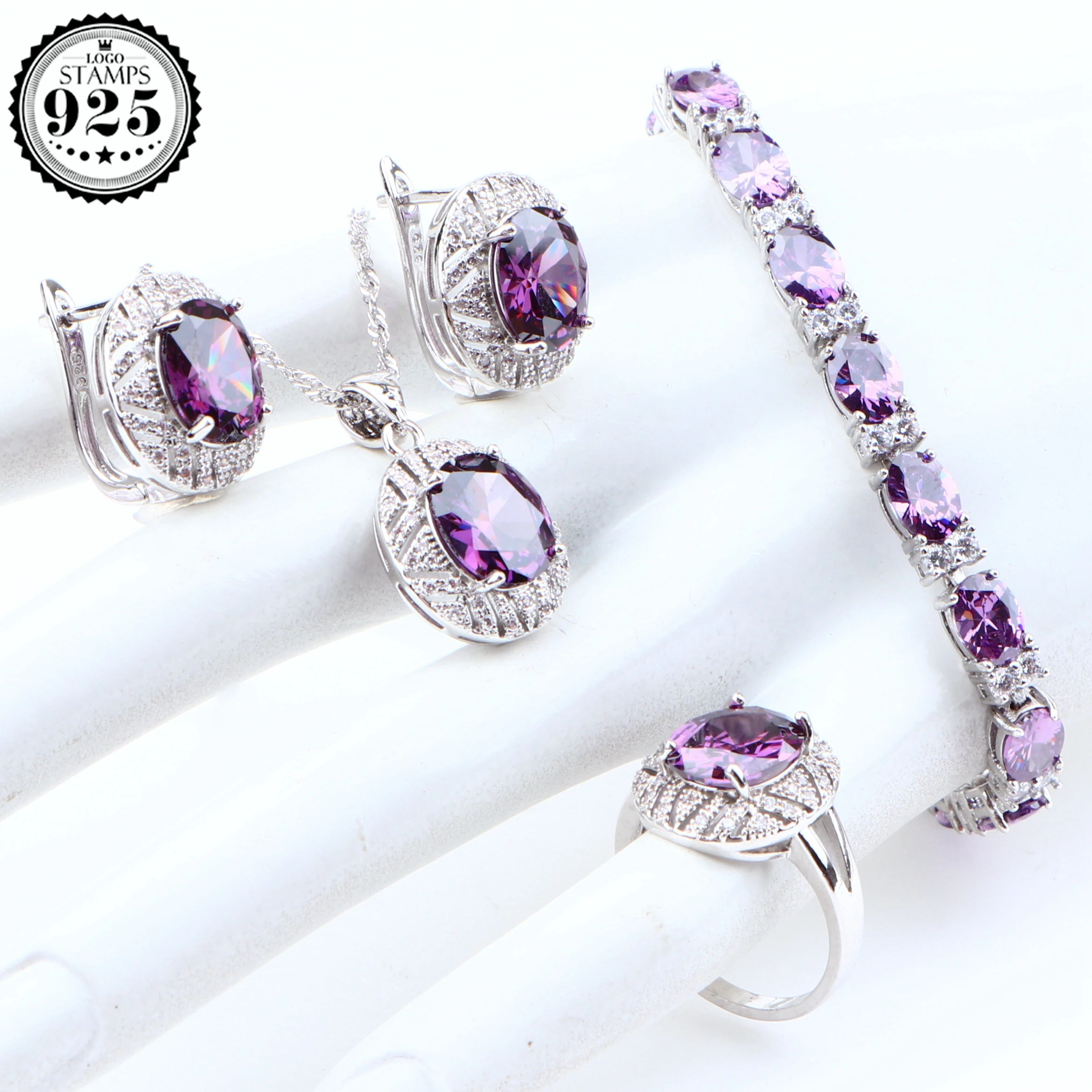 Wedding Silver 925 Jewelry Sets Purple Cubic Zirconia Earrings For Women Bridal Cosutme Jewlery Necklace Rings Set Gifts Box