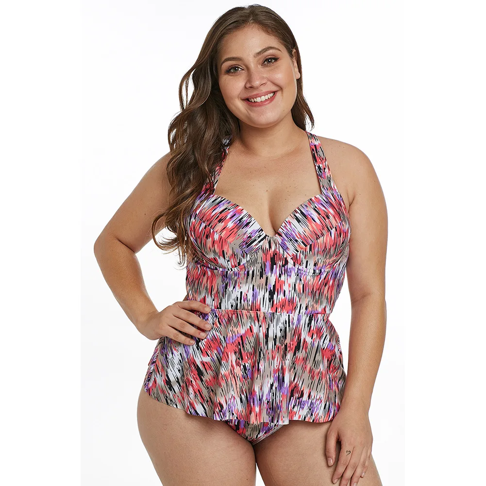 

Europe And America Printed Bikini New Style Cross Belt Push up Plus-sized Skirt Triangular Split Type Swimwear 410801