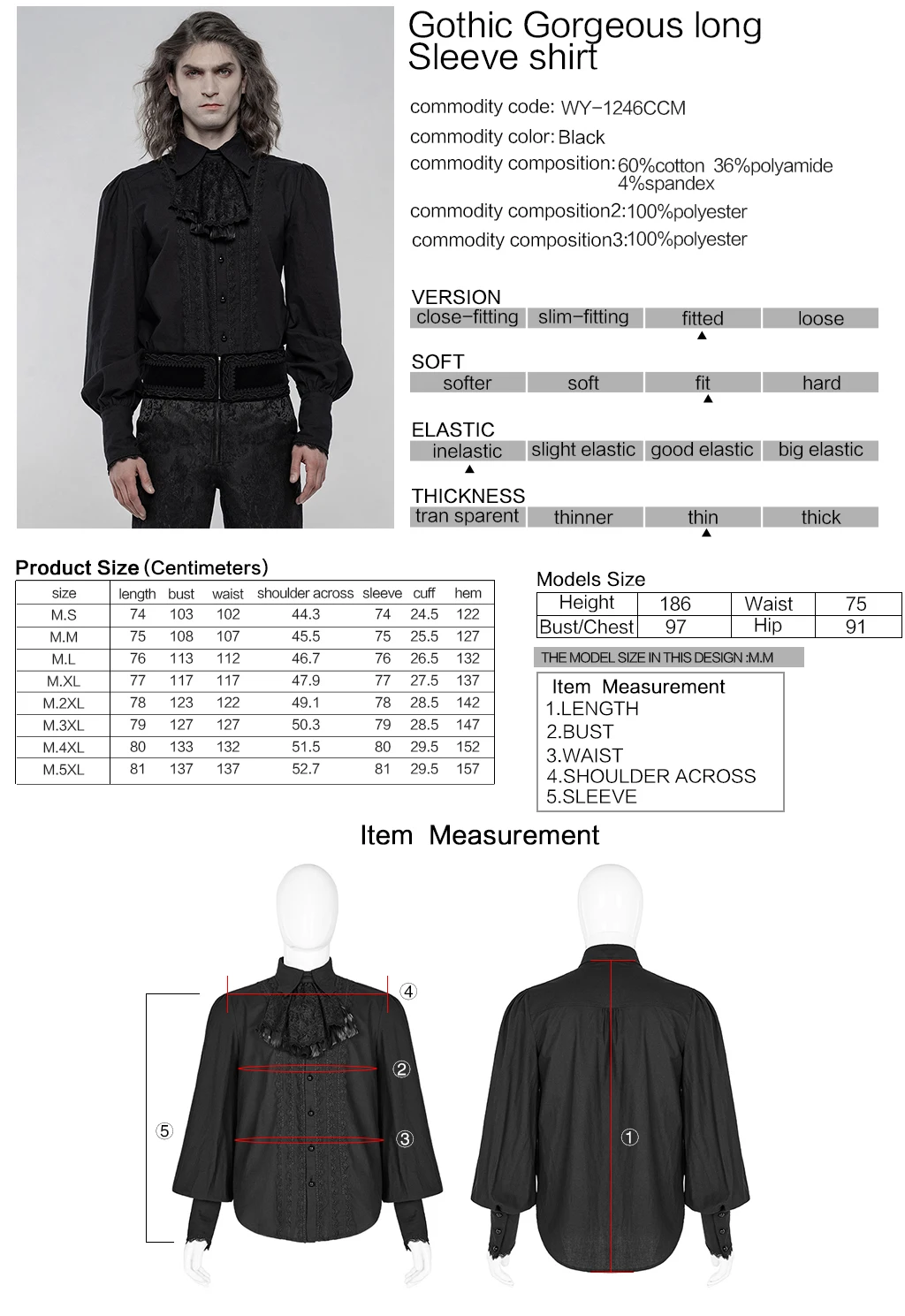 Gothic Men embroidery Long Sleeve Shirt palace Vintage Removable