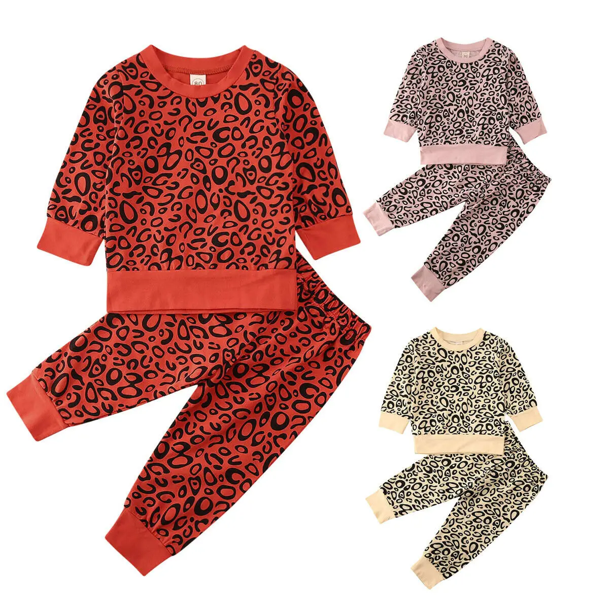 Newborn Baby Girl Boy Autumn Clothes Sets Leopard Print Pullover Long Sleeve Tops+Pants Outfits 3 Colors | Детская одежда и обувь
