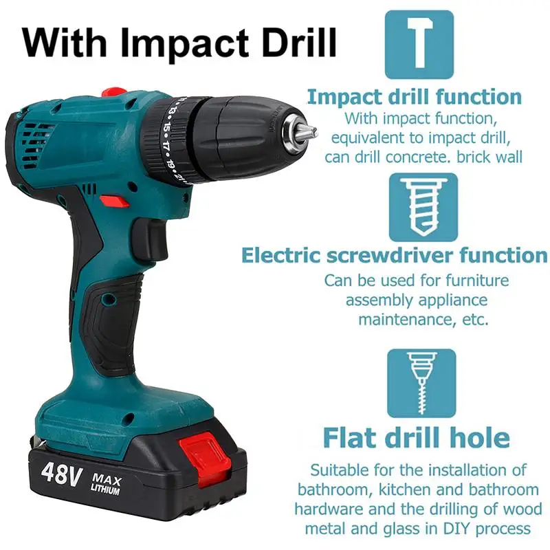 48V Cordless Drill Screwdriver Impact Electric Screwdriver Drill Hammer