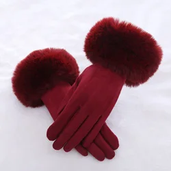 2022Fashion Women Winter Warm Suede Leather Touch Screen Glove Female Faux Rabit Fur Embroidery Plus velvet thick driving gloves