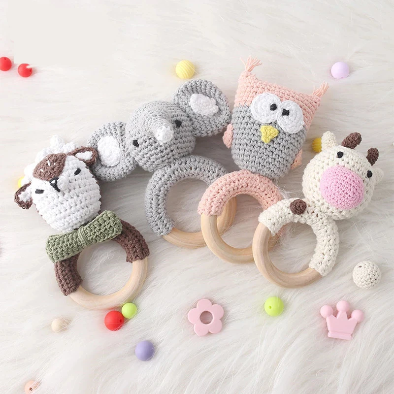 1Pc Wooden Baby Teether Crochet Elephant Rattle Toy BPA Free Wood Rodent Rattle Baby Mobile Gym Newborn Stroller Educational Toy 6