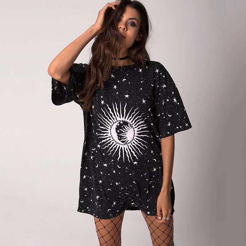 Sun &amp Stars Printed T Shirt Women Short Sleeve Loose Casual Black Tops Tees Harajuku Funny Streetwear Tshirts Femme | Женская одежда