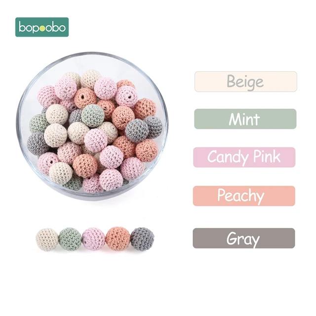 Bopoobo 20mm 10pcs Wooden Crochet Beads Chewable Beads DIY Wooden Teething Knitting Beads Jewelry Crib Sensory Toy Baby Teether Pink-Gray