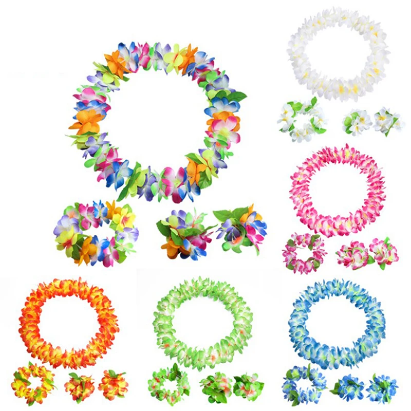 4PCS/set Artificial Hawaiian Party Garland Bracelet Headband Necklace Flower Leis Flowers DIY Wreath Birthday Party Decor