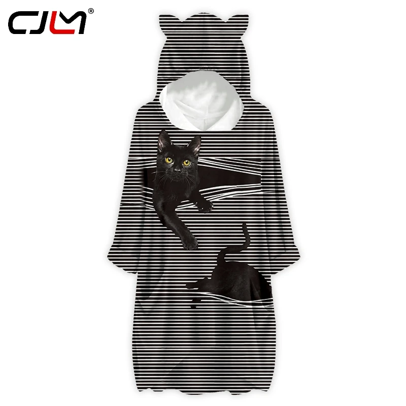 CJLM New 3D Print Striped Harajuku Black White Kitten Pattern Fashion Casual Top Kawaii Cat Ear Hoodies Wholesale Women Clothing