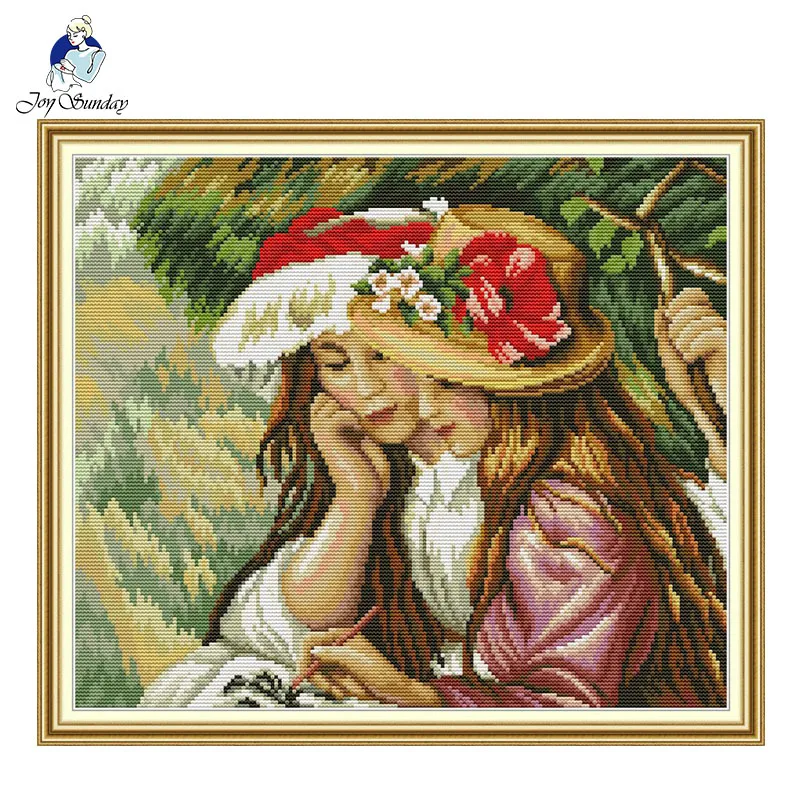 

Joy Sunday Girls2 Cross Stitch Needlework set DMC 14CT Canvas print Cross Stitch Embroidery kit DIY Gift Home Wedding decoration