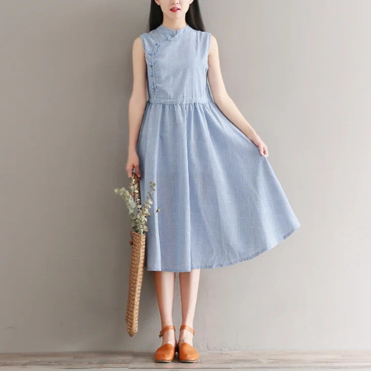 

Photo Shoot 2019 Summer New Style Literature And Art Cotton Linen Dress Retro Slim Fit Stripes Mid-length Big Skirt