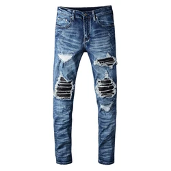 Sokotoo Men's PU leather patchwork ripped biker jeans Patch slim skinny stretch denim pants