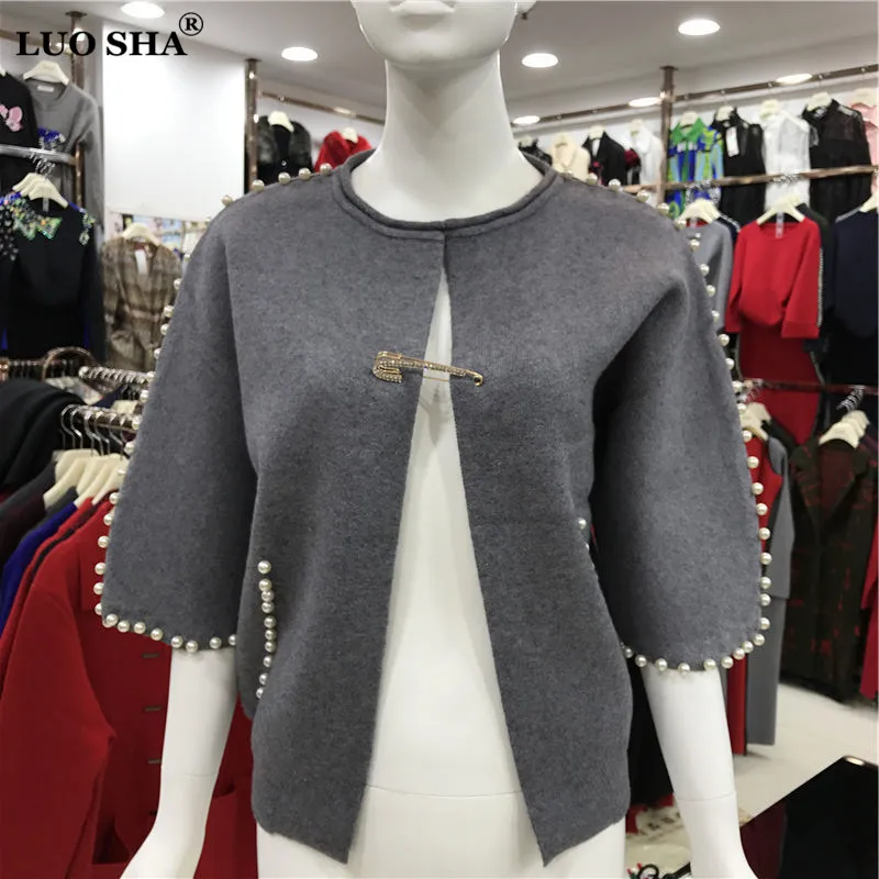 LUO SHA, новинка, женский весенний и осенний вязаный свитер, Топ для женщин, жемчужный бисер, элегантный серый короткий кардиган для женщин - Цвет: as picture