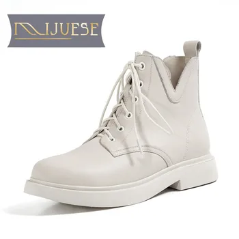 

MLJUESE 2021 women ANKLE boots Cow leather Winter short plush Round Toe Low heels female boots size 39
