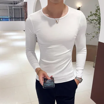 

Autumn and winter new men's round neck long-sleeved T-shirt Slim bottoming shirt Korean version of the boy's solid color 8417