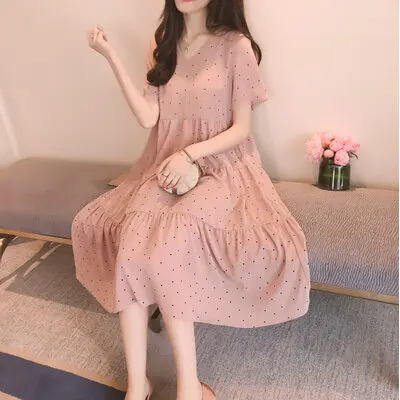 

2019 Summer Maternity Clothes Fashion Korean-style Fresh Dotted Chiffon V-neck Waist Hugging Slimming Short Sleeve Pregnant Wome
