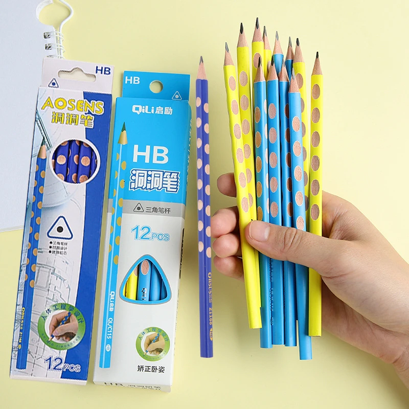 12ピース セット穴鉛筆hbの鉛筆文房具ライティング用品三角形かわいい鉛筆学校バスウッドオフィス子供ギフトlapices Standard Pencils Aliexpress