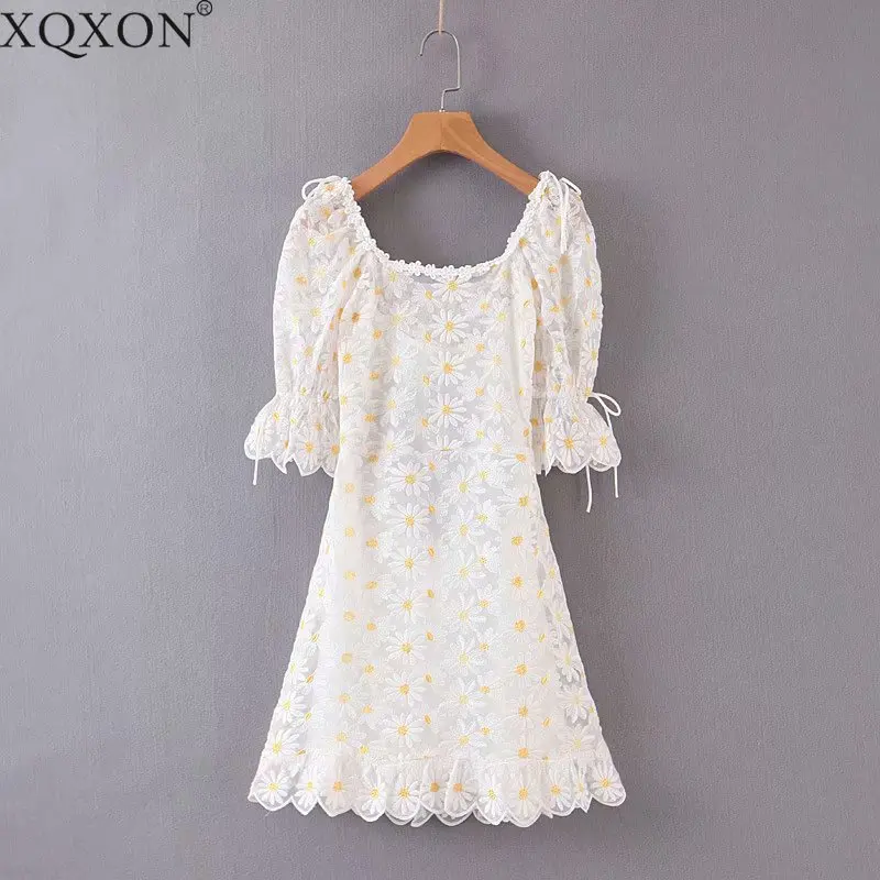 

Two Pieces Summer Dress Women Sexy Backless Floral Embroidery Dress Romantic Lady A-line Party Mini Dresses