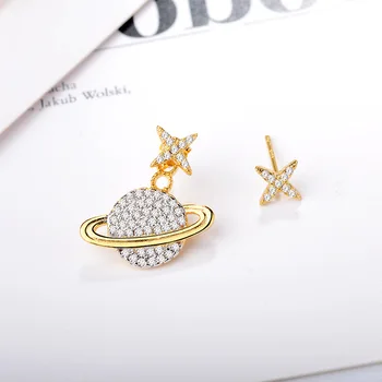

2019 New Gold Color Asymmetric Planet Stud Earrings For Women Korean Fashion Personality Cubic Zirconia Earrings 1:1am