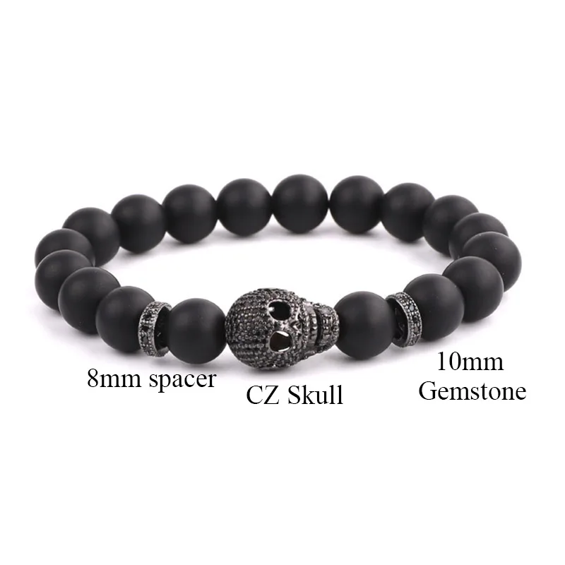 New Men Bracelet Big CZ Skull Charm Natural Stone Beads Stretch Bracelet Men Large Bracelet - Image 2