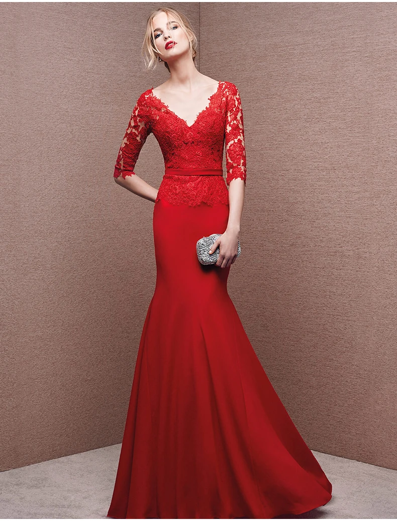 

sexy v-back vestidos red chiffon lace mermaid коктейльные платья half sleeve appliques Formal gown mother of the bride dresses